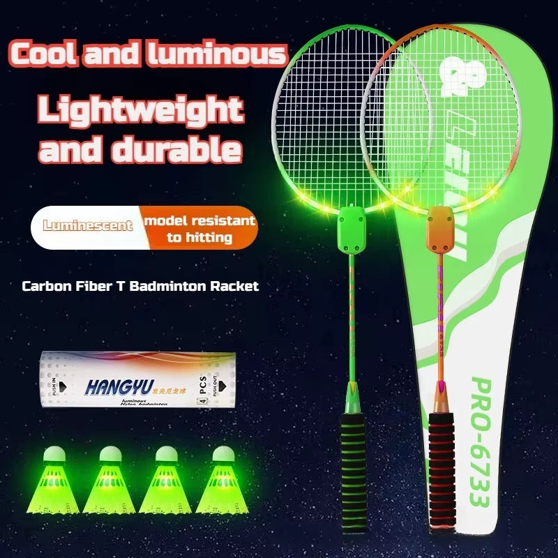 Luminous Badminton Racket Set – Adult & Children Professional Ultra-Lightweight Durable Racquet Kit for Night Outdoor Sports & Training