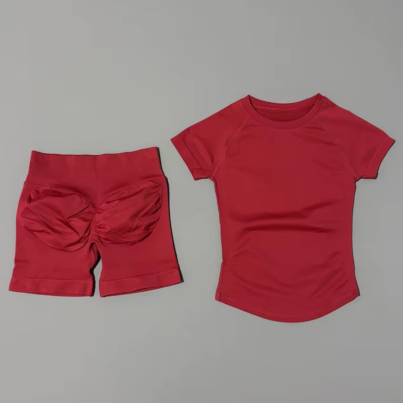 2 Piece Sports Set Women Gym Yoga Set Seamless Fitness Gym Clothes Sportswear Short Sleeve Top Sports Short Leggings Suit