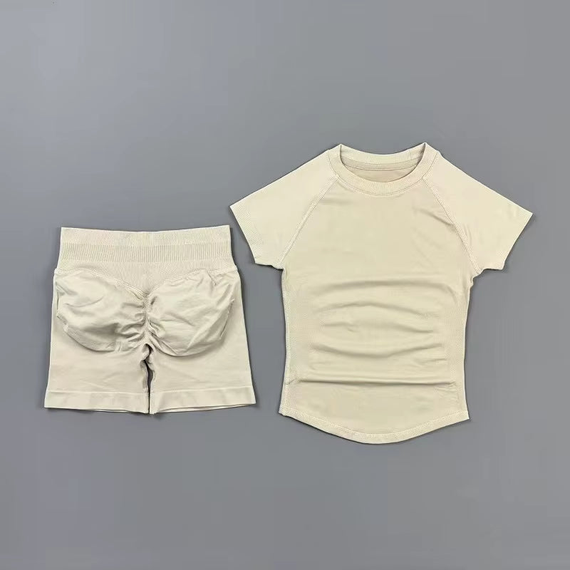 2 Piece Sports Set Women Gym Yoga Set Seamless Fitness Gym Clothes Sportswear Short Sleeve Top Sports Short Leggings Suit