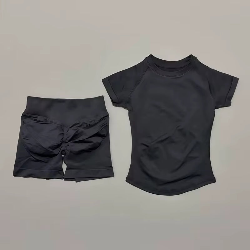 2 Piece Sports Set Women Gym Yoga Set Seamless Fitness Gym Clothes Sportswear Short Sleeve Top Sports Short Leggings Suit