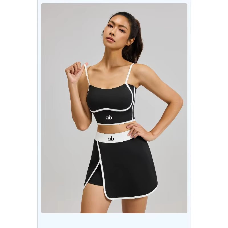 Halter Neck Sports Bra & Tennis Skort Set – Stylish 2-Piece Workout Outfit for Yoga, Fitness, Tennis & Outdoor Activities (Women's Athletic Activewear)