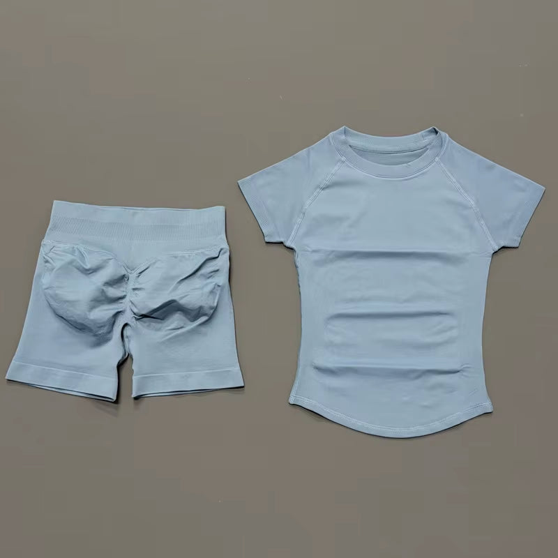 2 Piece Sports Set Women Gym Yoga Set Seamless Fitness Gym Clothes Sportswear Short Sleeve Top Sports Short Leggings Suit