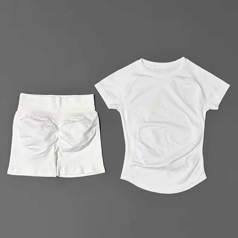 2 Piece Sports Set Women Gym Yoga Set Seamless Fitness Gym Clothes Sportswear Short Sleeve Top Sports Short Leggings Suit