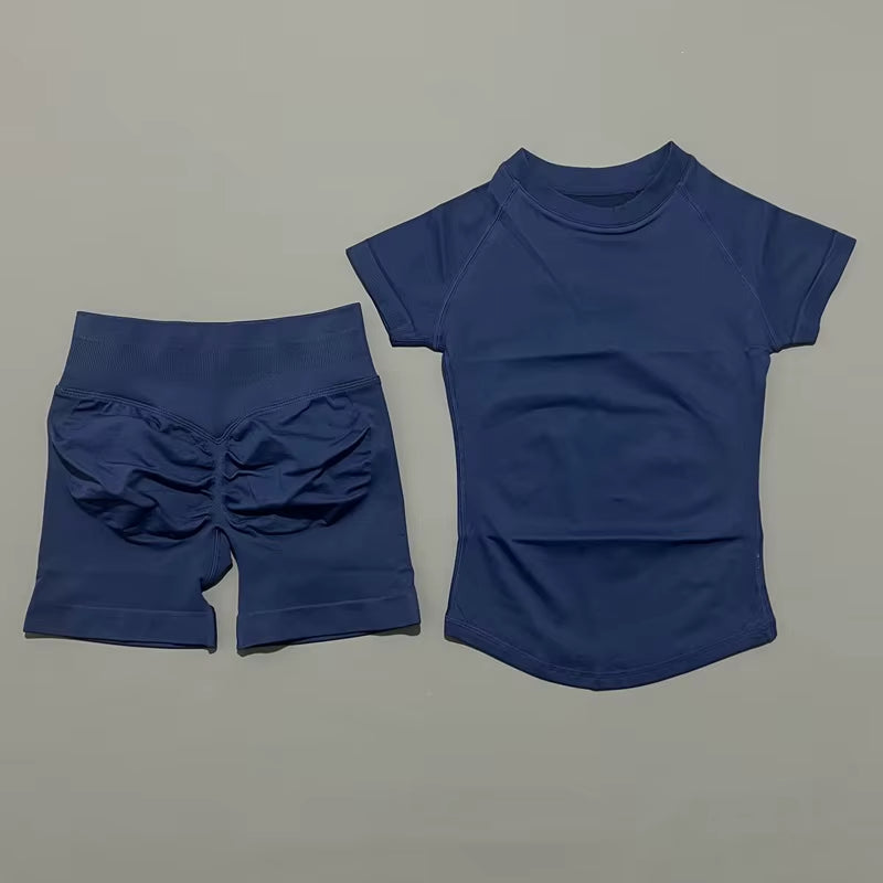 2 Piece Sports Set Women Gym Yoga Set Seamless Fitness Gym Clothes Sportswear Short Sleeve Top Sports Short Leggings Suit