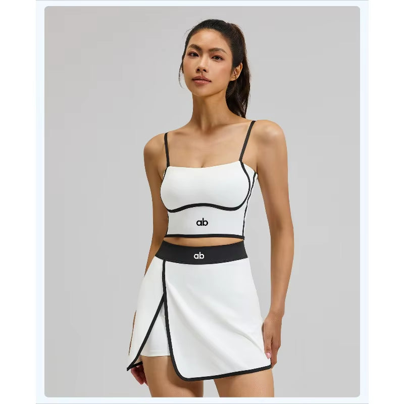 Halter Neck Sports Bra & Tennis Skort Set – Stylish 2-Piece Workout Outfit for Yoga, Fitness, Tennis & Outdoor Activities (Women's Athletic Activewear)
