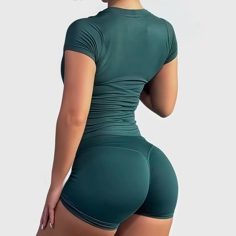 2 Piece Sports Set Women Gym Yoga Set Seamless Fitness Gym Clothes Sportswear Short Sleeve Top Sports Short Leggings Suit