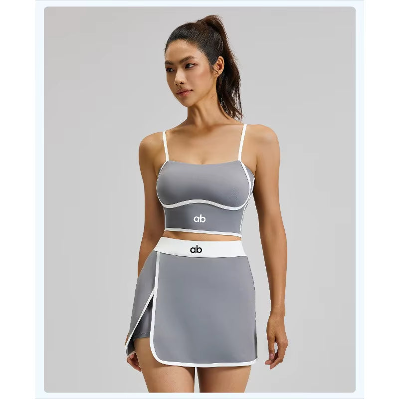 Halter Neck Sports Bra & Tennis Skort Set – Stylish 2-Piece Workout Outfit for Yoga, Fitness, Tennis & Outdoor Activities (Women's Athletic Activewear)