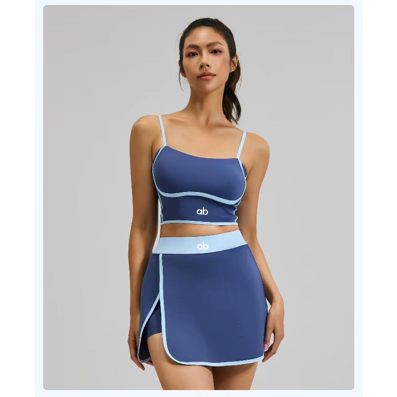 Halter Neck Sports Bra & Tennis Skort Set – Stylish 2-Piece Workout Outfit for Yoga, Fitness, Tennis & Outdoor Activities (Women's Athletic Activewear)