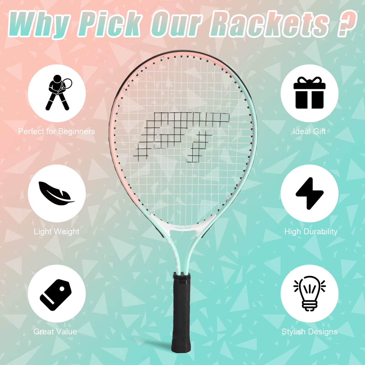 Pickletech Kids Junior Tennis Racket Set | 17-Inch Lightweight Aluminum Racquet & Travel Bag for Toddlers