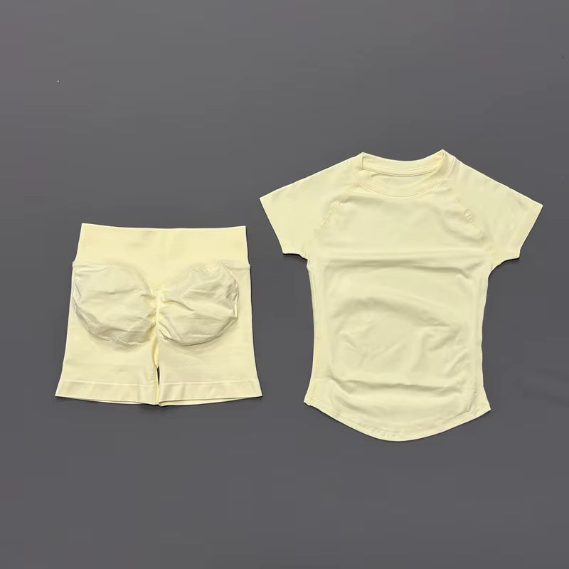 2 Piece Sports Set Women Gym Yoga Set Seamless Fitness Gym Clothes Sportswear Short Sleeve Top Sports Short Leggings Suit