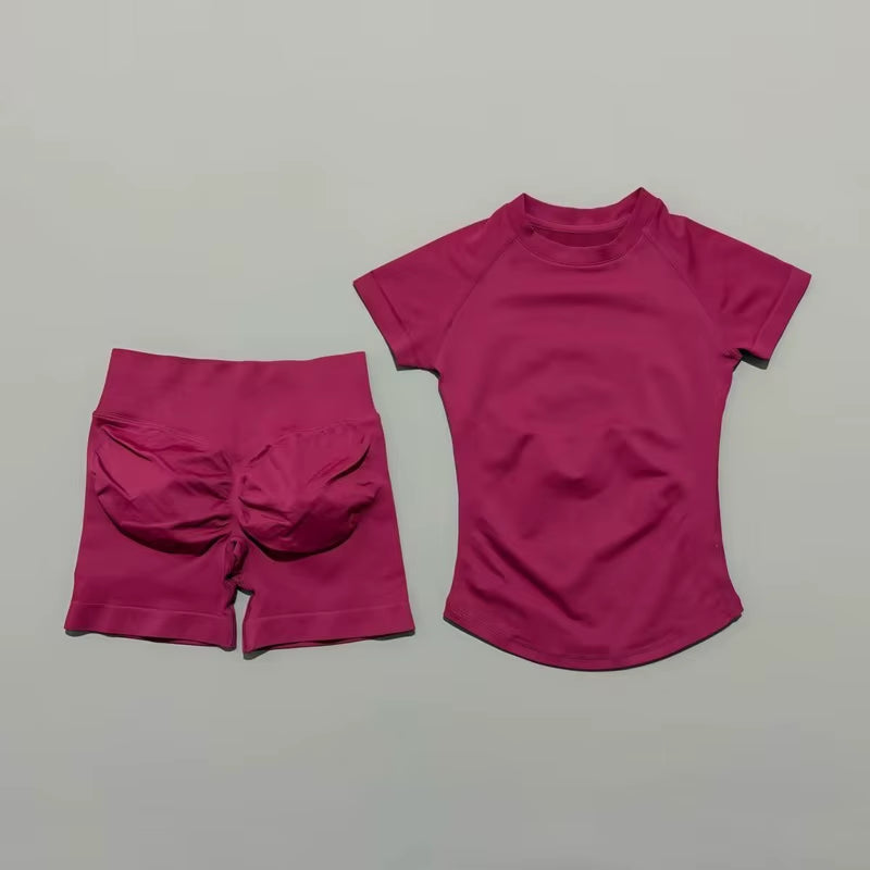 2 Piece Sports Set Women Gym Yoga Set Seamless Fitness Gym Clothes Sportswear Short Sleeve Top Sports Short Leggings Suit