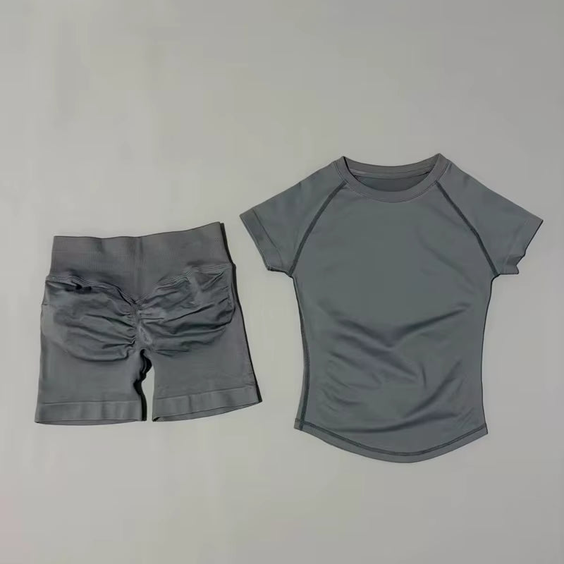 2 Piece Sports Set Women Gym Yoga Set Seamless Fitness Gym Clothes Sportswear Short Sleeve Top Sports Short Leggings Suit