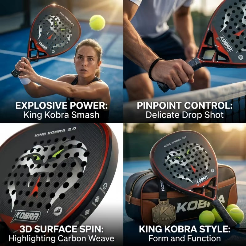 KING KOBRA 2.0 Pro 18K Carbon Padel Tennis Racket | Anti-Slip Grip, 3D Spin Surface & Shock Absorption