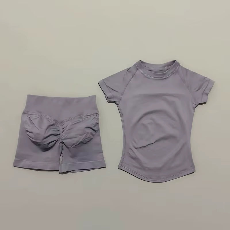 2 Piece Sports Set Women Gym Yoga Set Seamless Fitness Gym Clothes Sportswear Short Sleeve Top Sports Short Leggings Suit