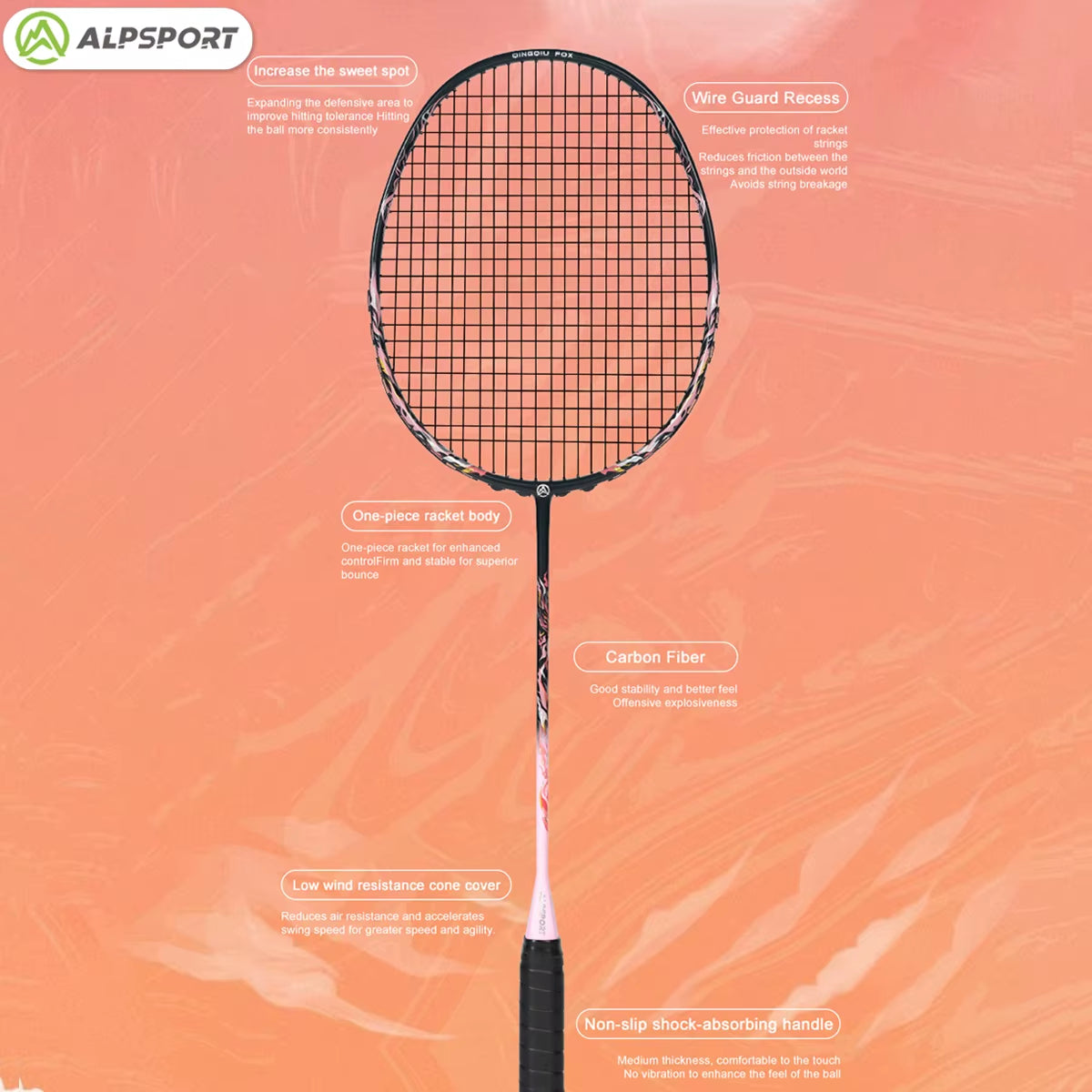 ALP FOX Goddess 8U Ultra-Light 62G Badminton Racket – Black/Purple Professional Racquet in Exquisite Gift Box (Suitable for All Ages)